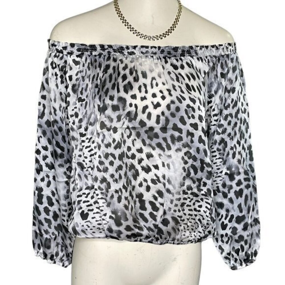 Generation Love 100% Silk Juliet Off the Shoulder Snow Leopard Blouse Size XS